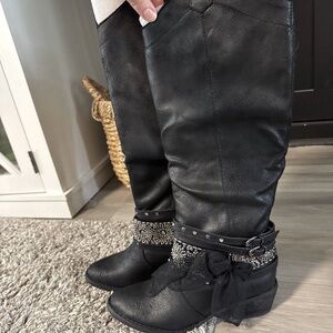 Not Rated Womens 6.5 Black Riding Boots Heeled W Tulle Bow NEW!